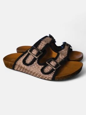 bernie mev. Woven Rose Gold and Black Double Buckle Sandals